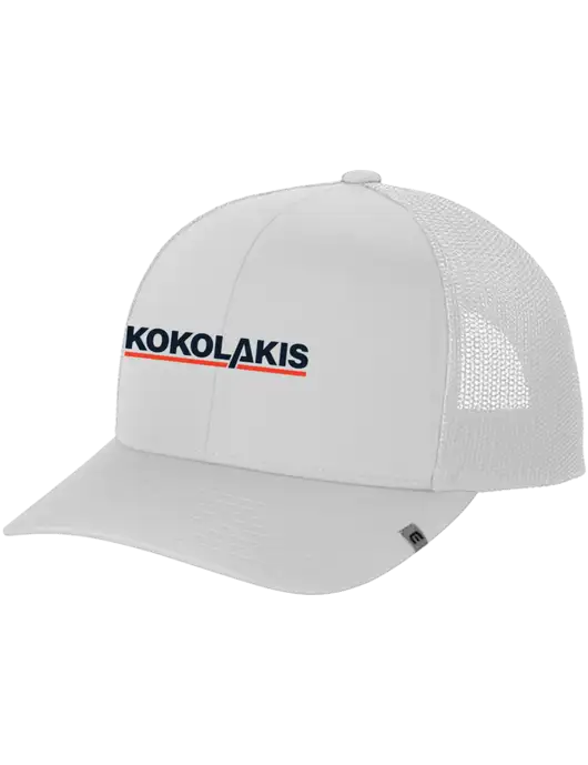 TravisMathew White Cruz Trucker Cap w/Kokolakis Logo