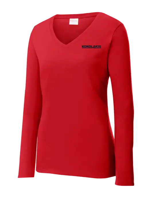 Womens  V-Neck Ring Spun Bright Red 4.5 oz Long Sleeve T-Shirt w/Kokolakis Logo