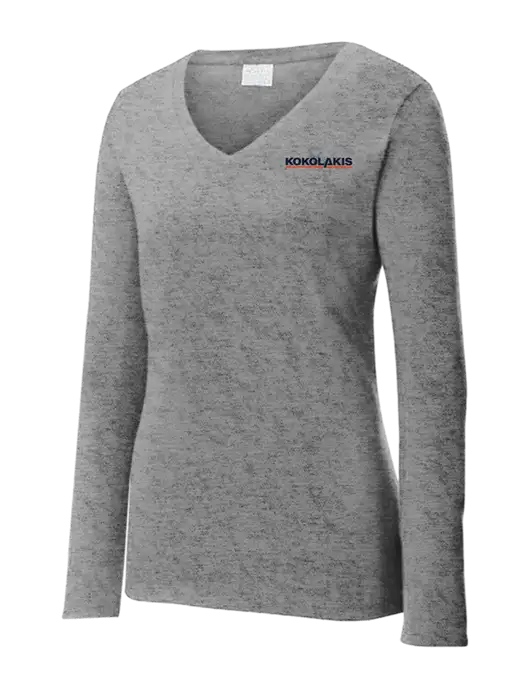 Womens  V-Neck Ring Spun Grey Heather 4.5 oz Long Sleeve T-Shirt w/Kokolakis Logo