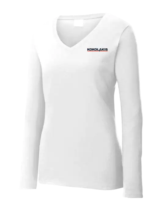 Womens  V-Neck Ring Spun White 4.5 oz Long Sleeve T-Shirt w/Kokolakis Logo