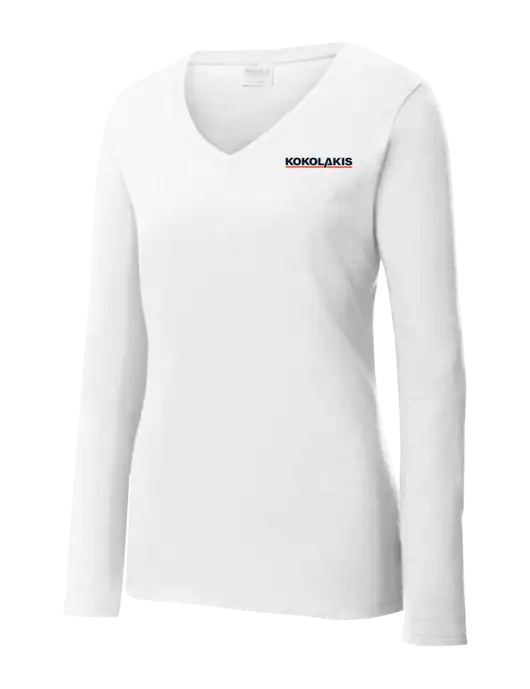 Womens  V-Neck Ring Spun White 4.5 oz Long Sleeve T-Shirt w/Kokolakis Logo