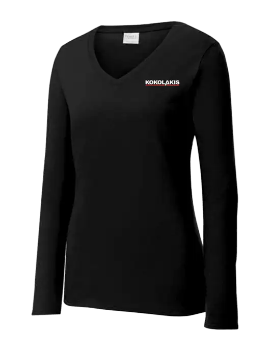 Womens V-Neck Ring Spun Jet Black 4.5 oz Long Sleeve T-Shirt w/Kokolakis Logo