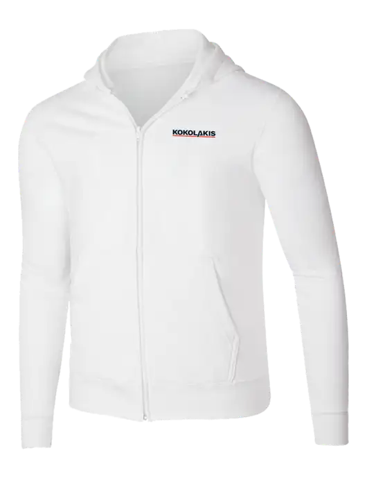 White 8.5 oz Ring Spun Zip Hooded Sweatshirt w/Kokolakis Logo
