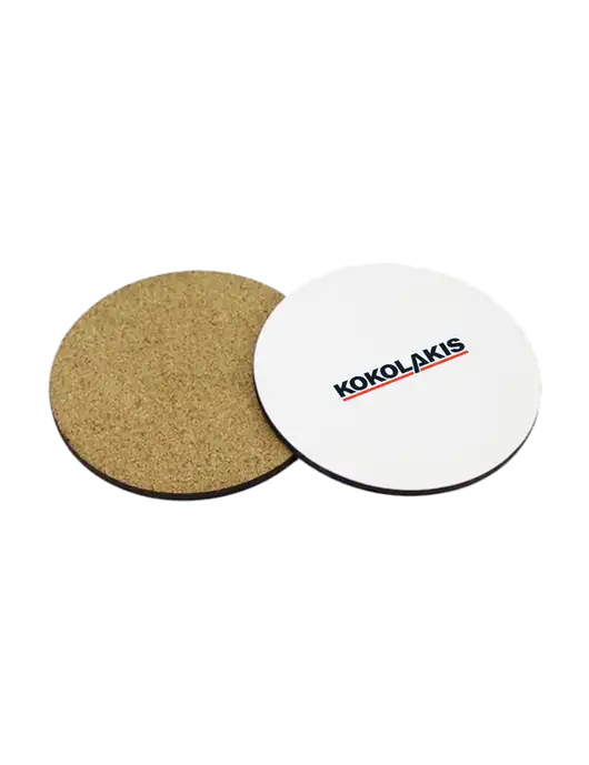 Gloss White Hardboard Round Coaster w/Cork Back, 3.75 w/Kokolakis Logo