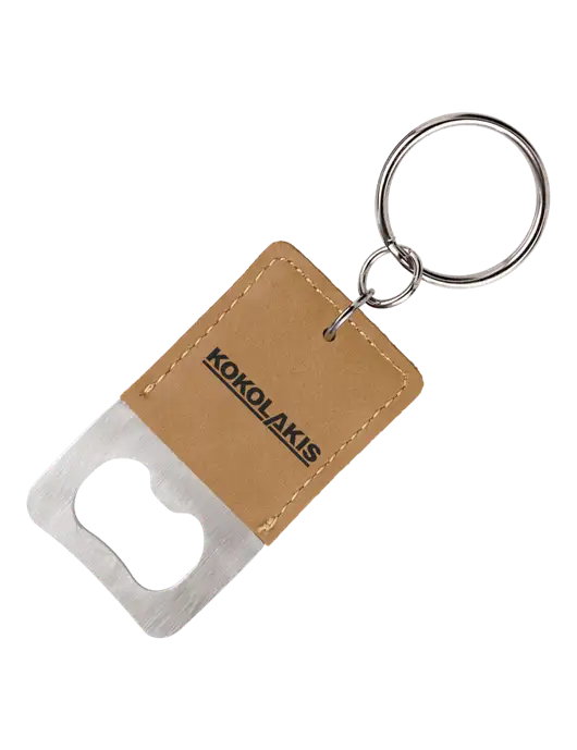 Tan Leatherette Rectangle Bottle Opener Keychain w/Kokolakis Logo