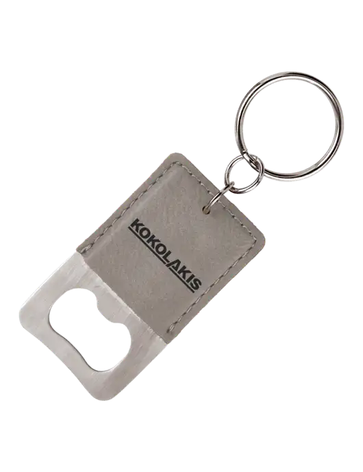 Grey Leatherette Rectangle Bottle Opener Keychain w/Kokolakis Logo