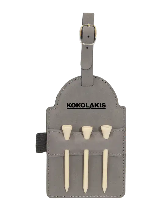 Grey Leatherette Golf Bag Tag with 3 Wooden Tees w/Kokolakis Logo