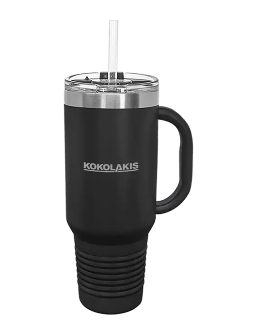 Polar Camel 40 oz. Powder Coated Vacuum Insulated Black Travel Mug with Straw w/Kokolakis Logo