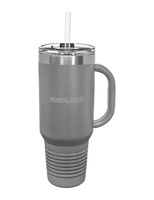 Polar Camel 40 oz. Powder Coated Vacuum Insulated Grey Travel Mug with Straw w/Kokolakis Logo