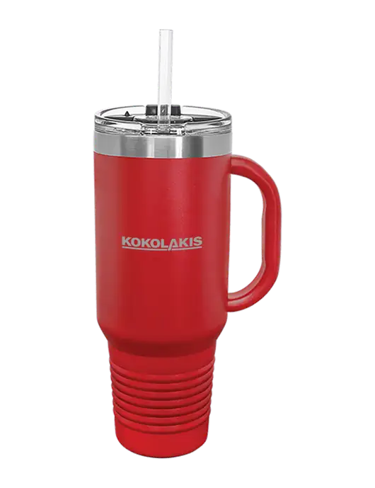 Polar Camel 40 oz. Powder Coated Vacuum Insulated Red Travel Mug with Straw w/Kokolakis Logo