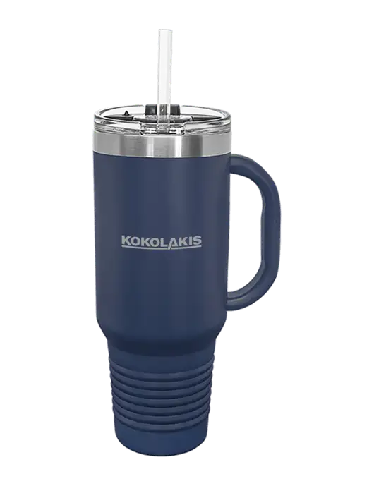 Polar Camel 40 oz. Powder Coated Vacuum Insulated Navy Travel Mug with Straw w/Kokolakis Logo