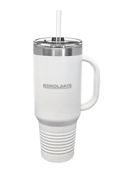 Polar Camel 40 oz. Powder Coated Vacuum Insulated White Travel Mug with Straw w/Kokolakis Logo