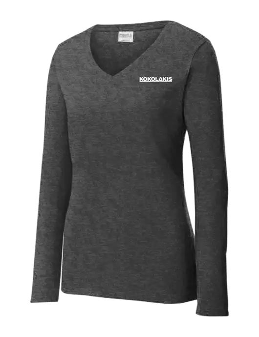 Womens  V-Neck Ring Spun Dark Heather Grey 4.5 oz Long Sleeve T-Shirt w/Kokolakis Logo