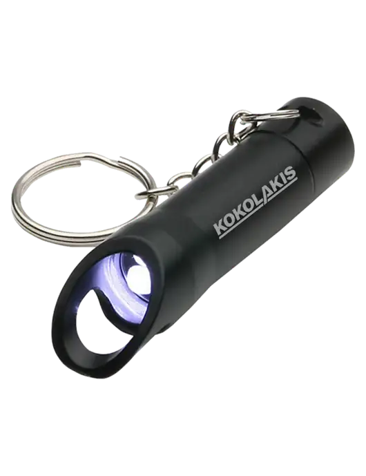 Black Pocket LED Flashlight with Bottle Opener & Keychain w/Kokolakis Logo