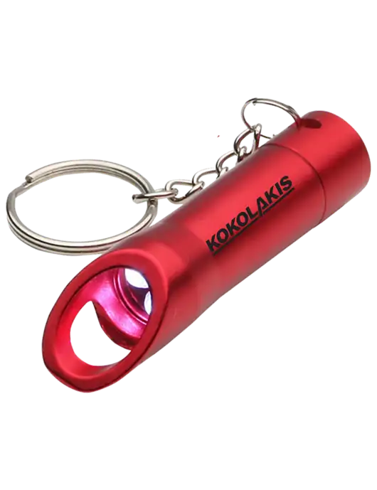 Red Pocket LED Flashlight with Bottle Opener & Keychain w/Kokolakis Logo