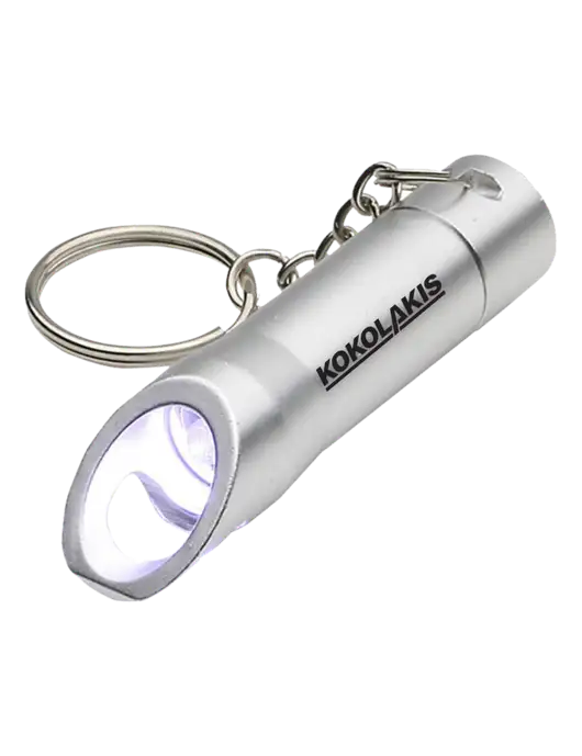 Silver Pocket LED Flashlight with Bottle Opener & Keychain w/Kokolakis Logo