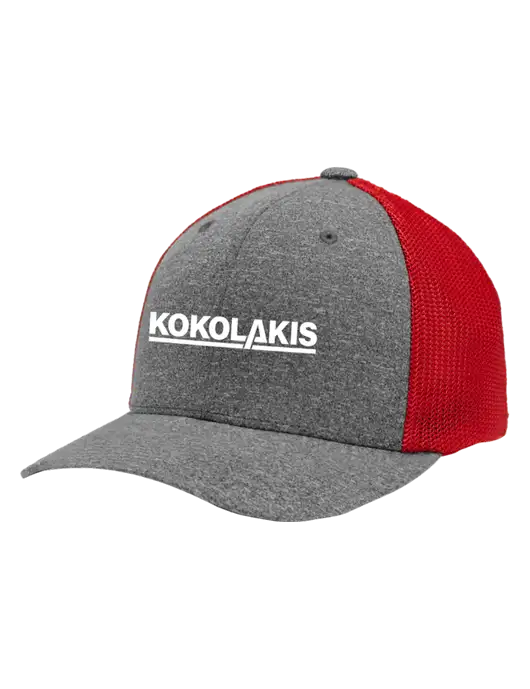 Flexfit Red/Medium Grey Heather Melange Mesh Back Trucker Cap w/Kokolakis Logo