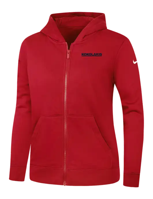 Nike Womens Club Fleece Sleeve Swoosh Full-Zip Red Hoodie w/Kokolakis Logo